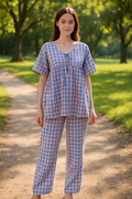 Women's Plaid Coord Pants Set, Short Sleeve V-Neck Top and Long Pants, Blue and Pink Checkered PC Set
