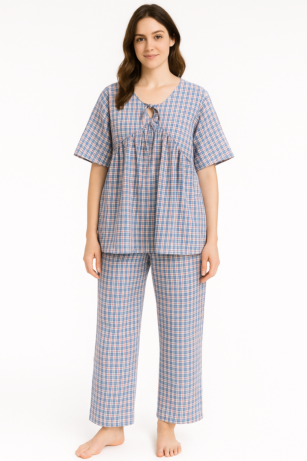 Women's Plaid Coord Pants Set, Short Sleeve V-Neck Top and Long Pants, Blue and Pink Checkered PC Set