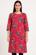 Women’s Floral Print Straight Kurta | Round Neck with Keyhole