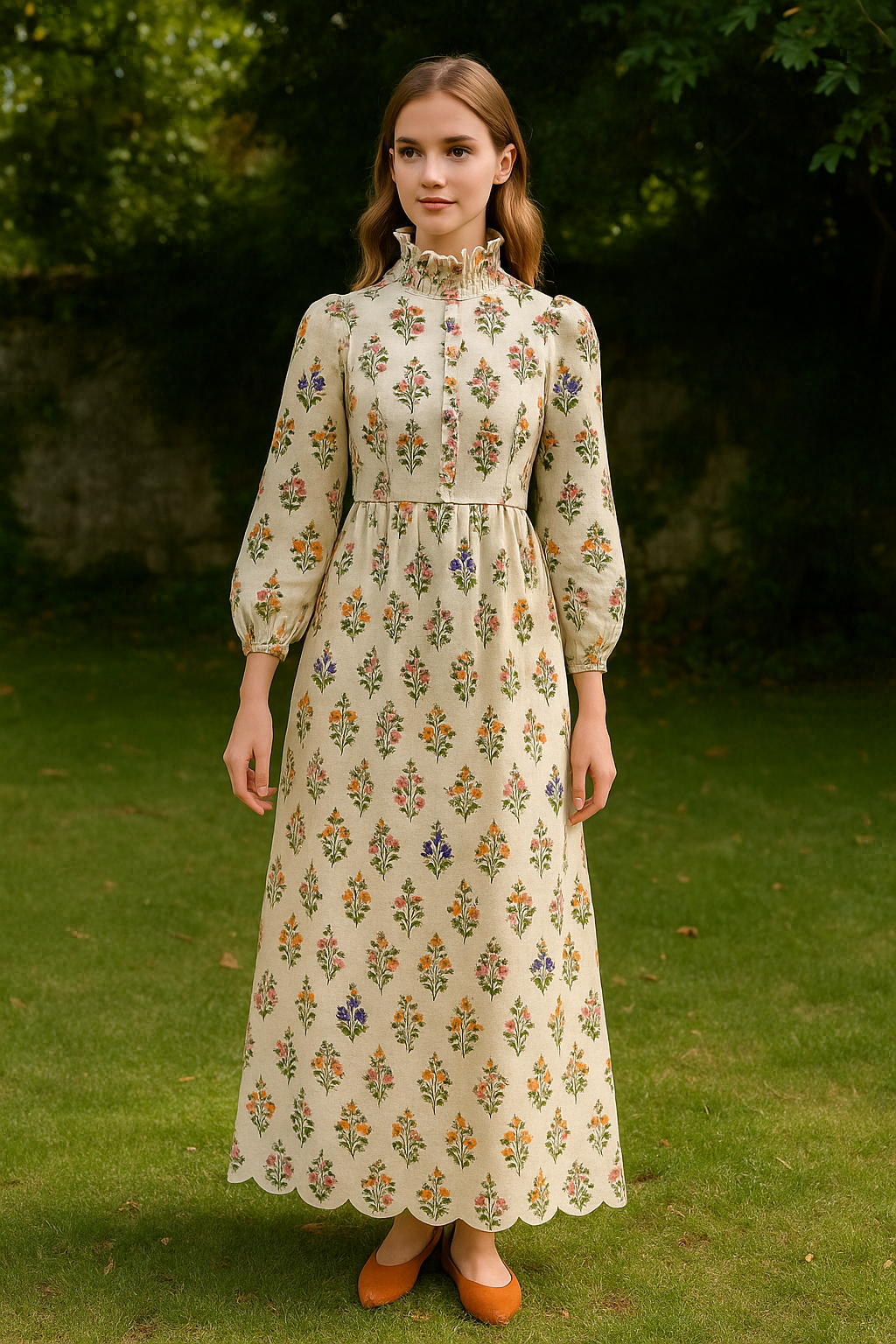 Floral Print Victorian Maxi Dress, Long Sleeve High Neck, White with Multi-Color Flower Pattern, Vintage Style
