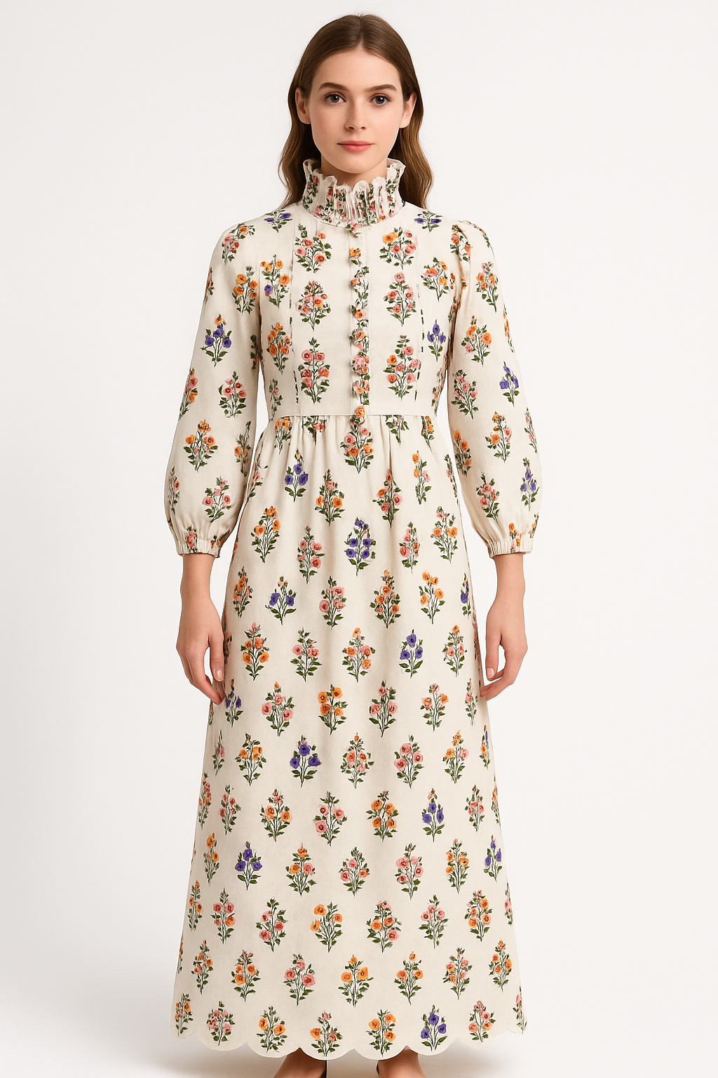 Floral Print Victorian Maxi Dress, Long Sleeve High Neck, White with Multi-Color Flower Pattern, Vintage Style