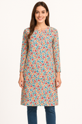 Women’s Floral Print Long Kurta Top | Straight Fit, Split Neck, Long Set-In Sleeves