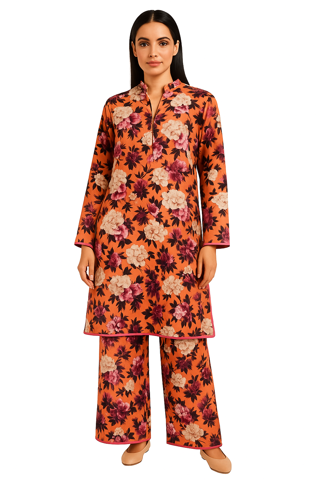 Women’s 2-Piece Floral Print Co-ord Set with Pearl Button Neckline, Palazzo Pants | Orange Kurta & Trouser Suit