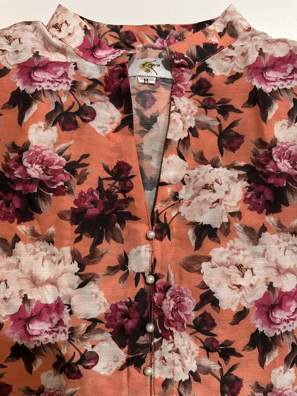 Women’s 2-Piece Floral Print Co-ord Set with Pearl Button Neckline, Palazzo Pants | Orange Kurta & Trouser Suit