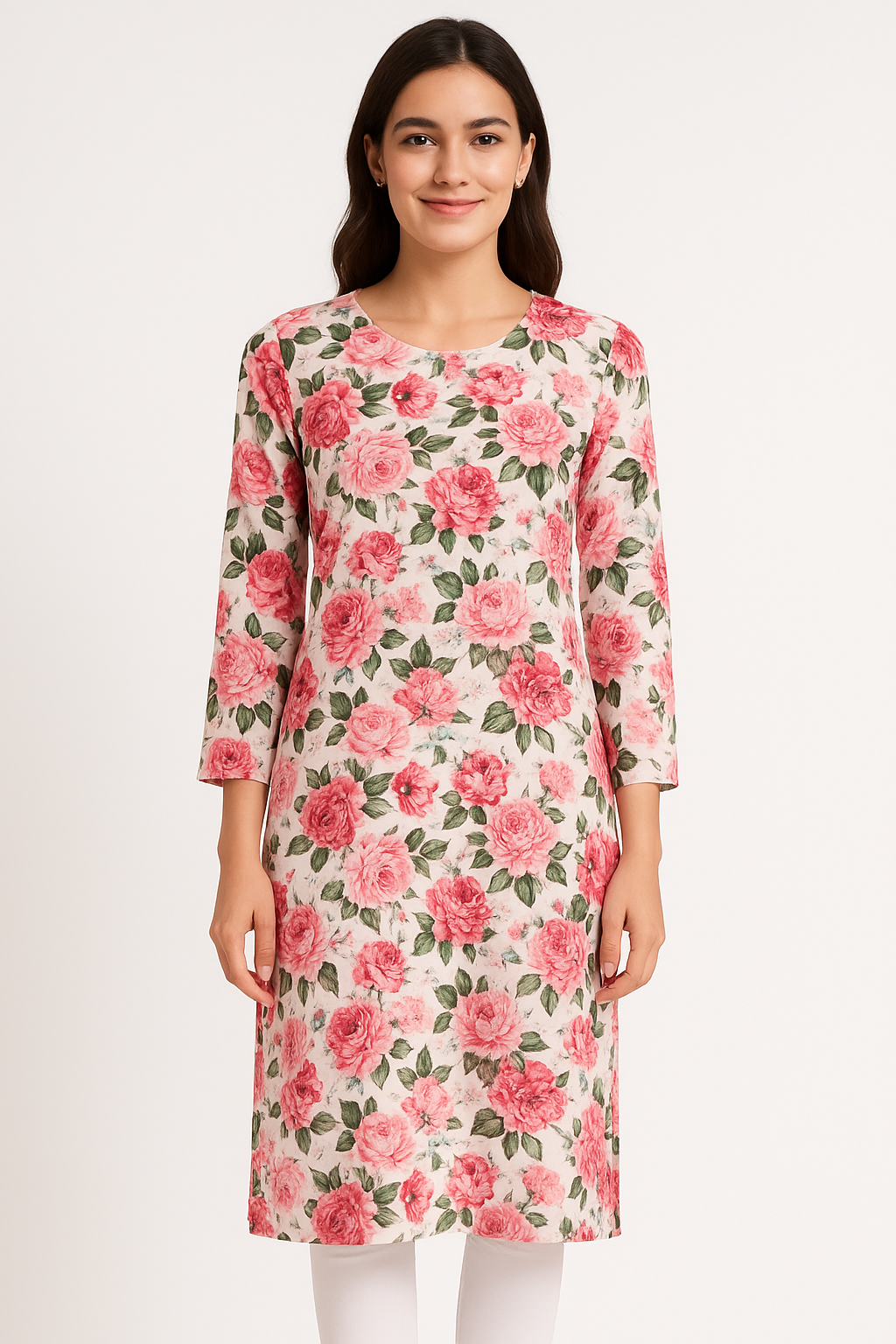 Women’s Rose Floral Print Straight Kurta | Round Neck, Set-In Sleeves
